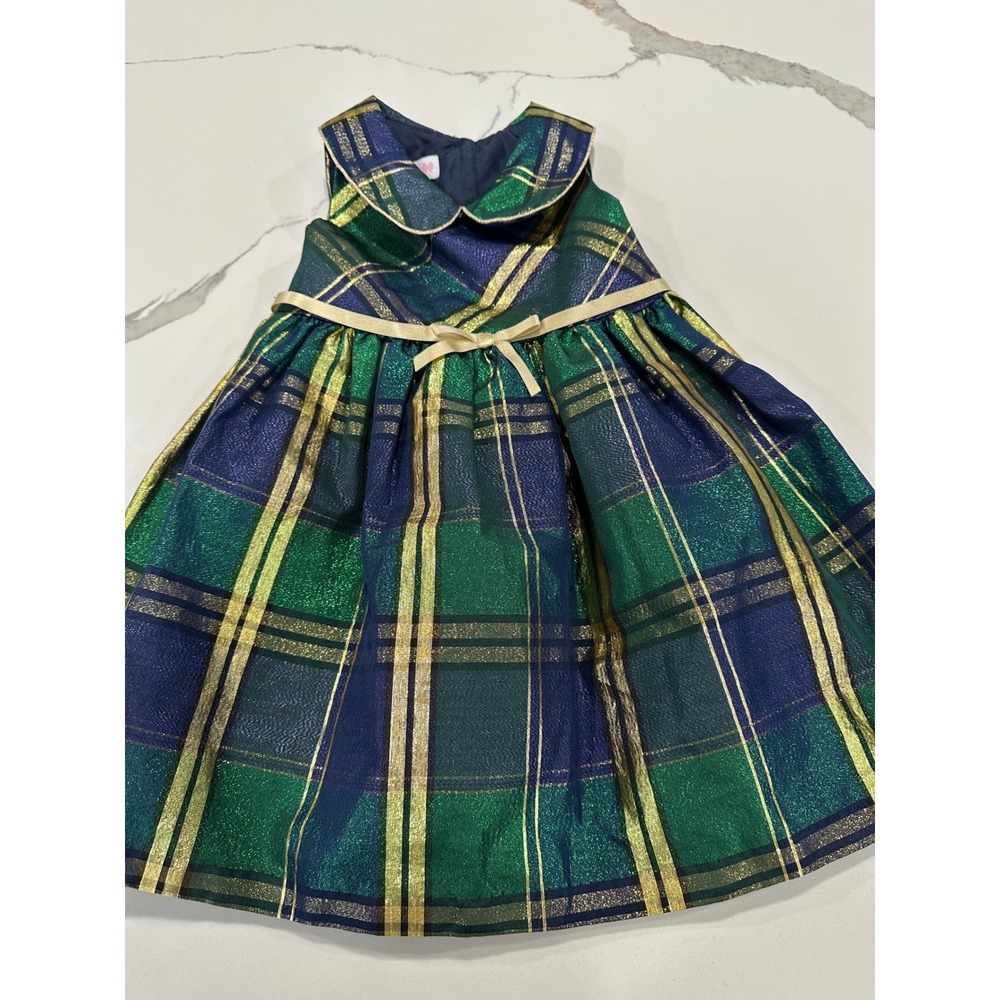 Bonnie Jean Girls Plaid Dress Navy Green Gold Metallic Bow Holiday Party Size 3T